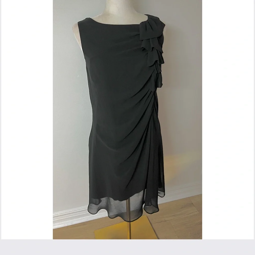 90s Asymmetrical Black Chiffon Dress – Draped Knee-Length with Shoulder Ruffle - Picture 15 of 15